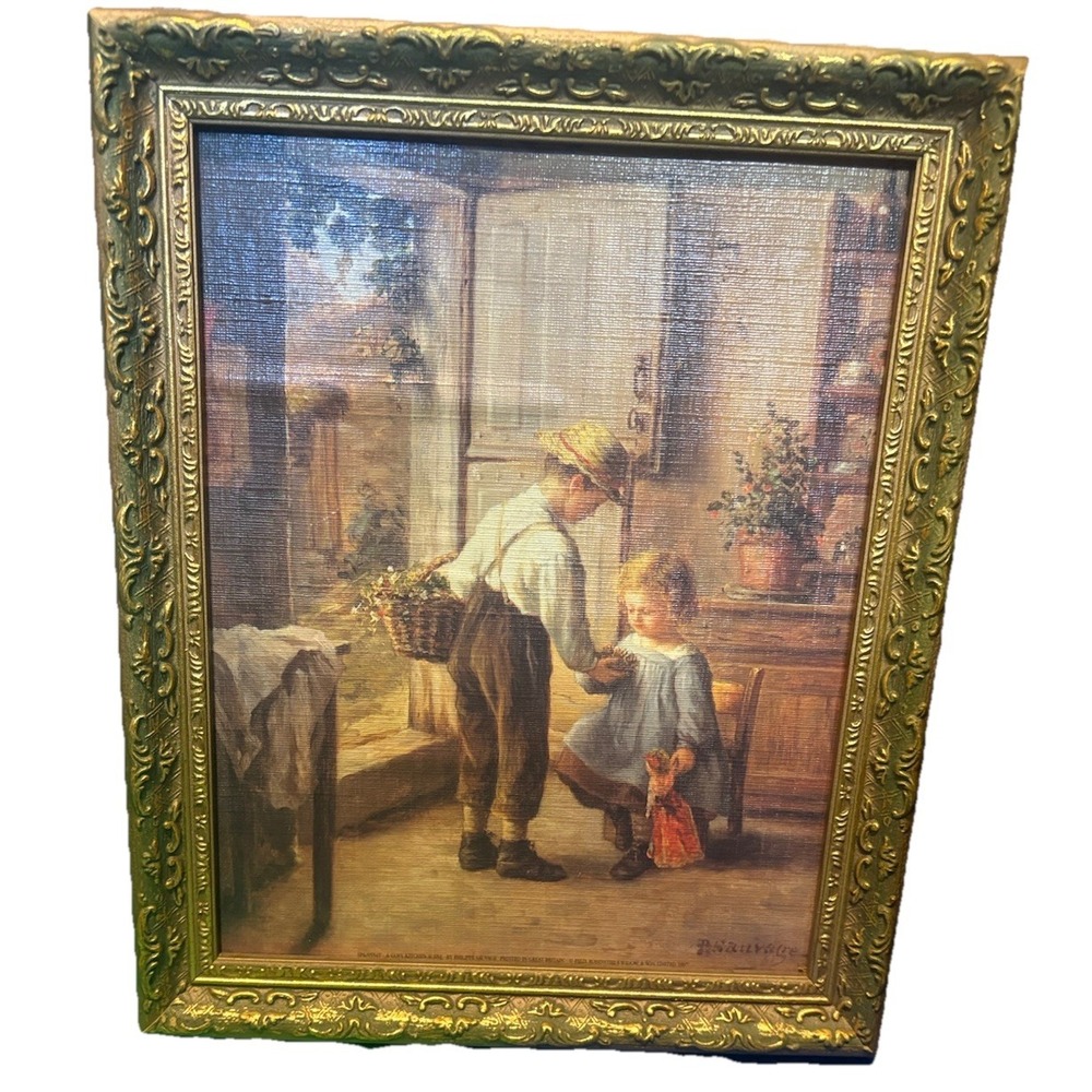 Vintage Art Print on Board by Philippe Sauvage "A COSY KITCHEN SCENE" With Frame